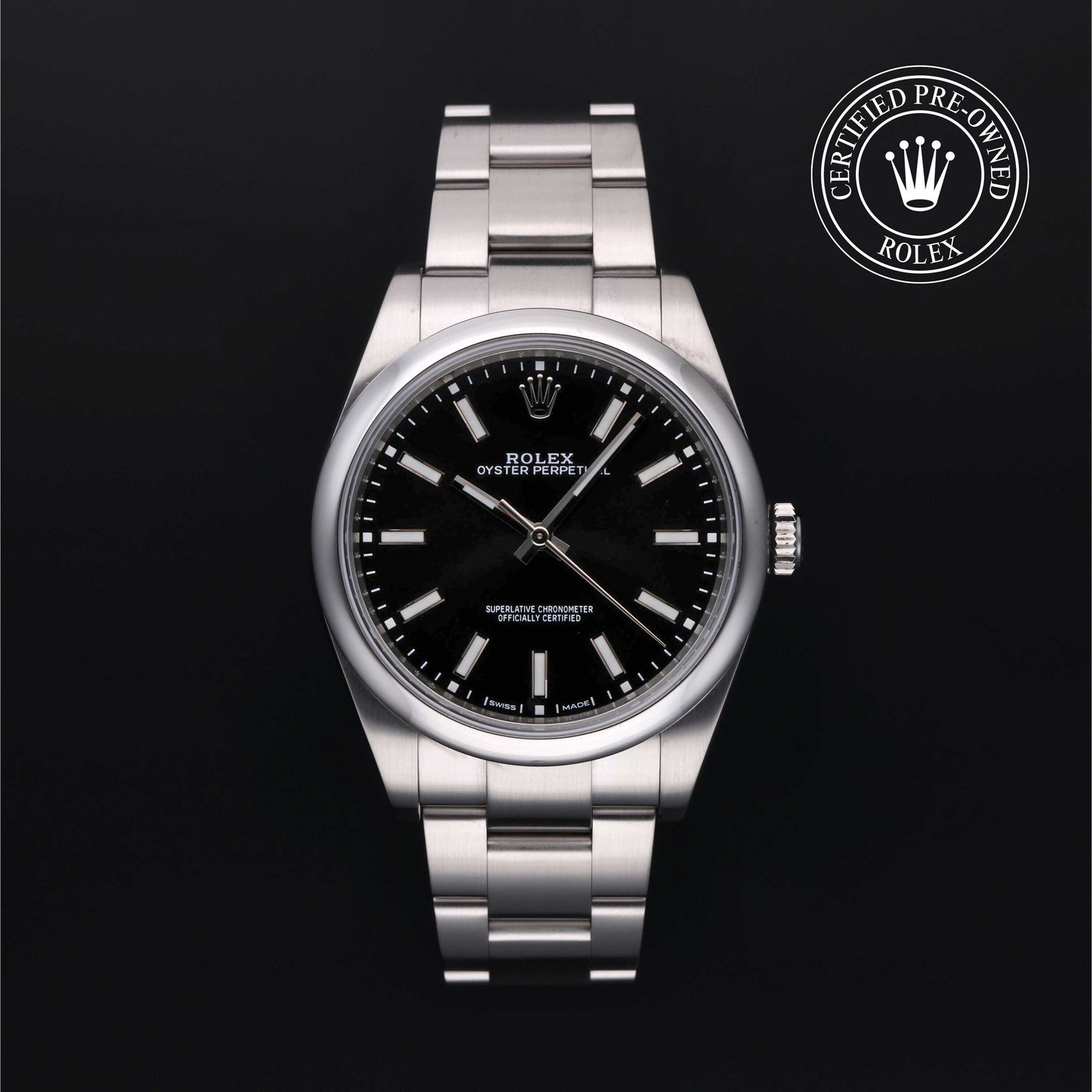 Rolex Certified Pre-owned Oyster Perpetual M114300-0001 front on black background