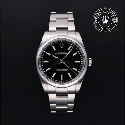 Rolex Certified Pre-owned Oyster Perpetual M114300-0001 front on black background