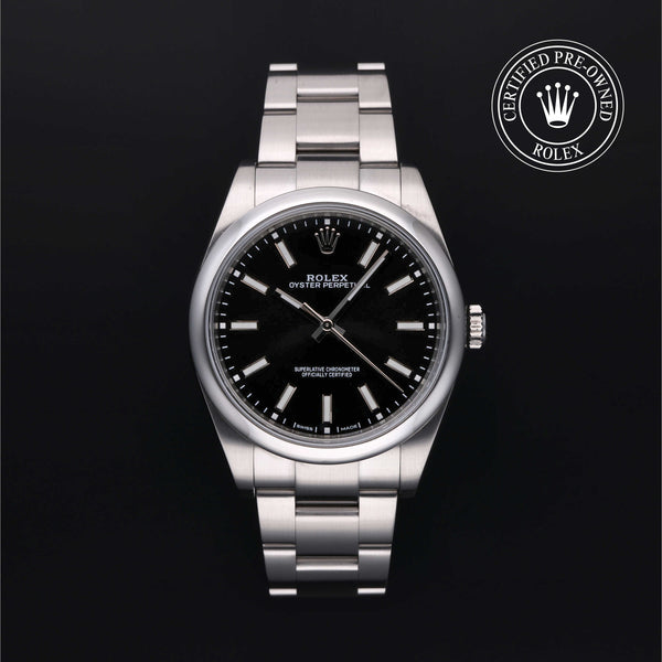 Rolex Certified Pre-owned Oyster Perpetual M114300-0001 front on black background