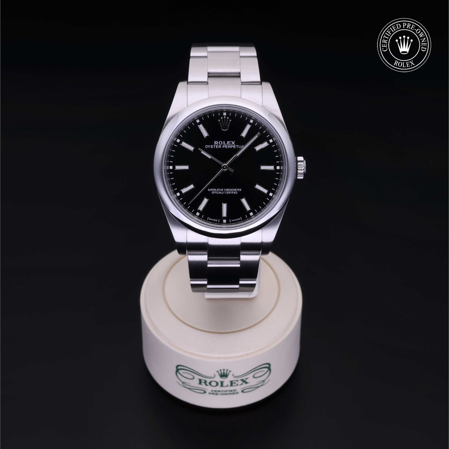 Rolex Certified Pre-owned Oyster Perpetual M114300-0001 front on black background