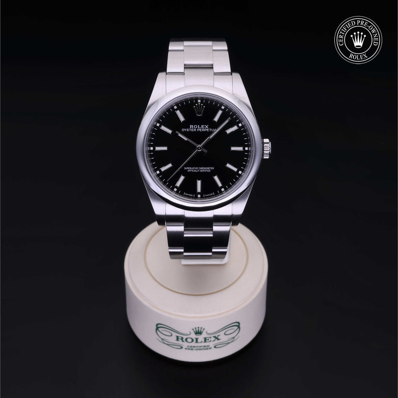 Rolex Certified Pre-owned Oyster Perpetual M114300-0001 front on black background