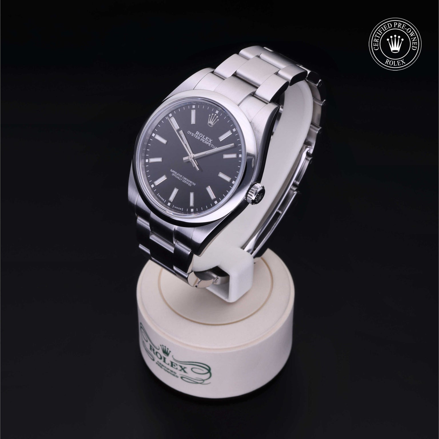 Rolex Certified Pre-owned Oyster Perpetual M114300-0001 front on black background