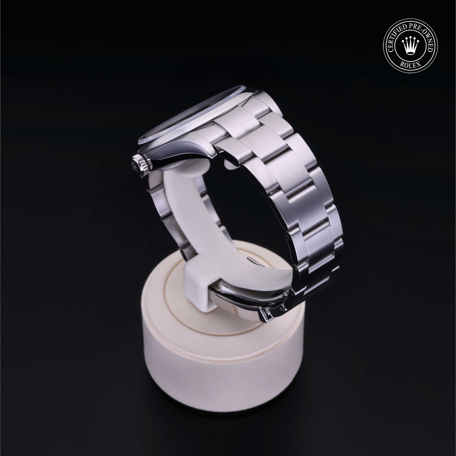 Rolex Certified Pre-owned Oyster Perpetual M114300-0001 front on black background