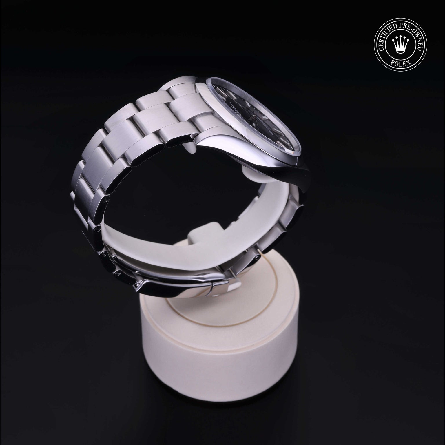 Rolex Certified Pre-owned Oyster Perpetual M114300-0001 front on black background