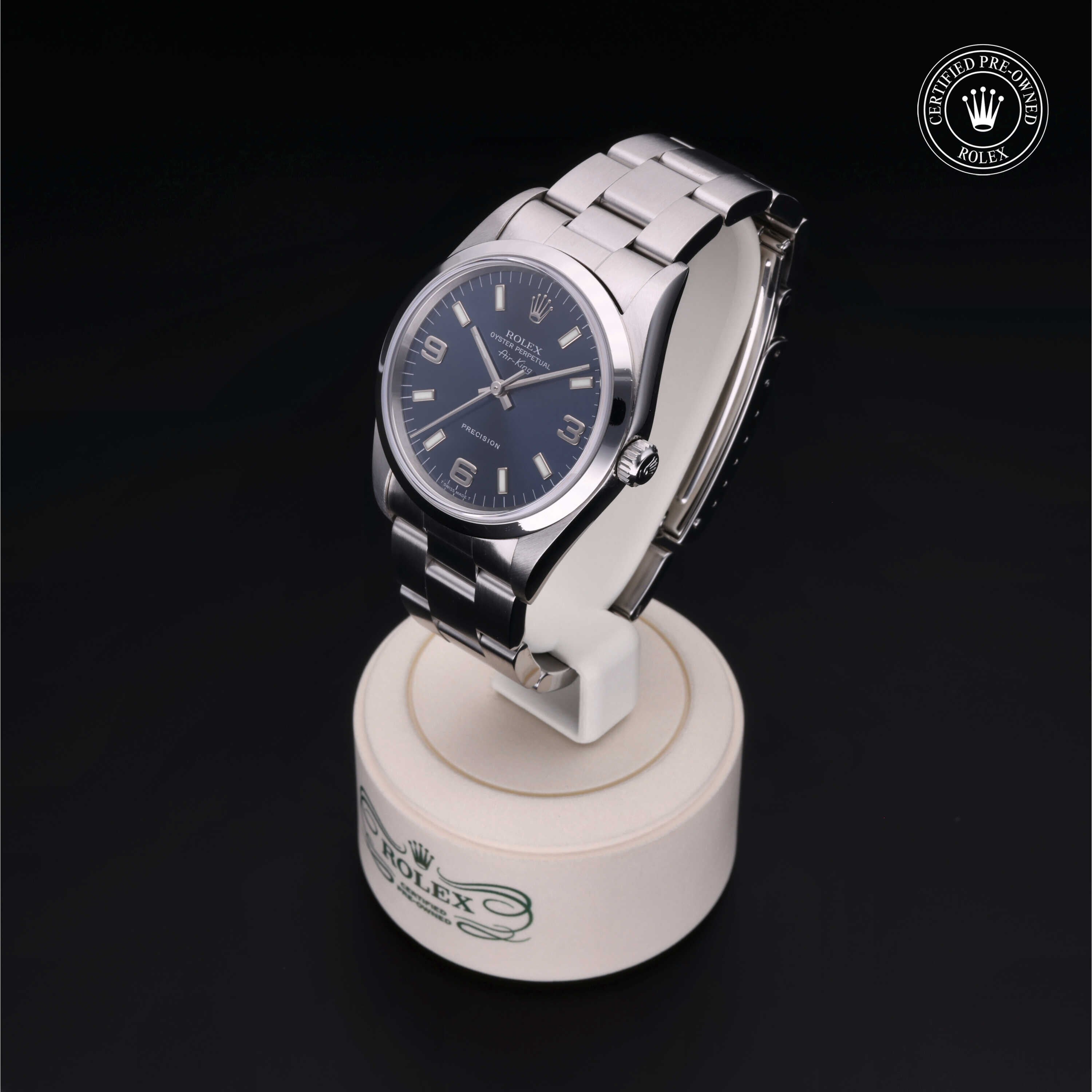 Rolex Certified Pre-owned Air-King M14000-0003 front on black background