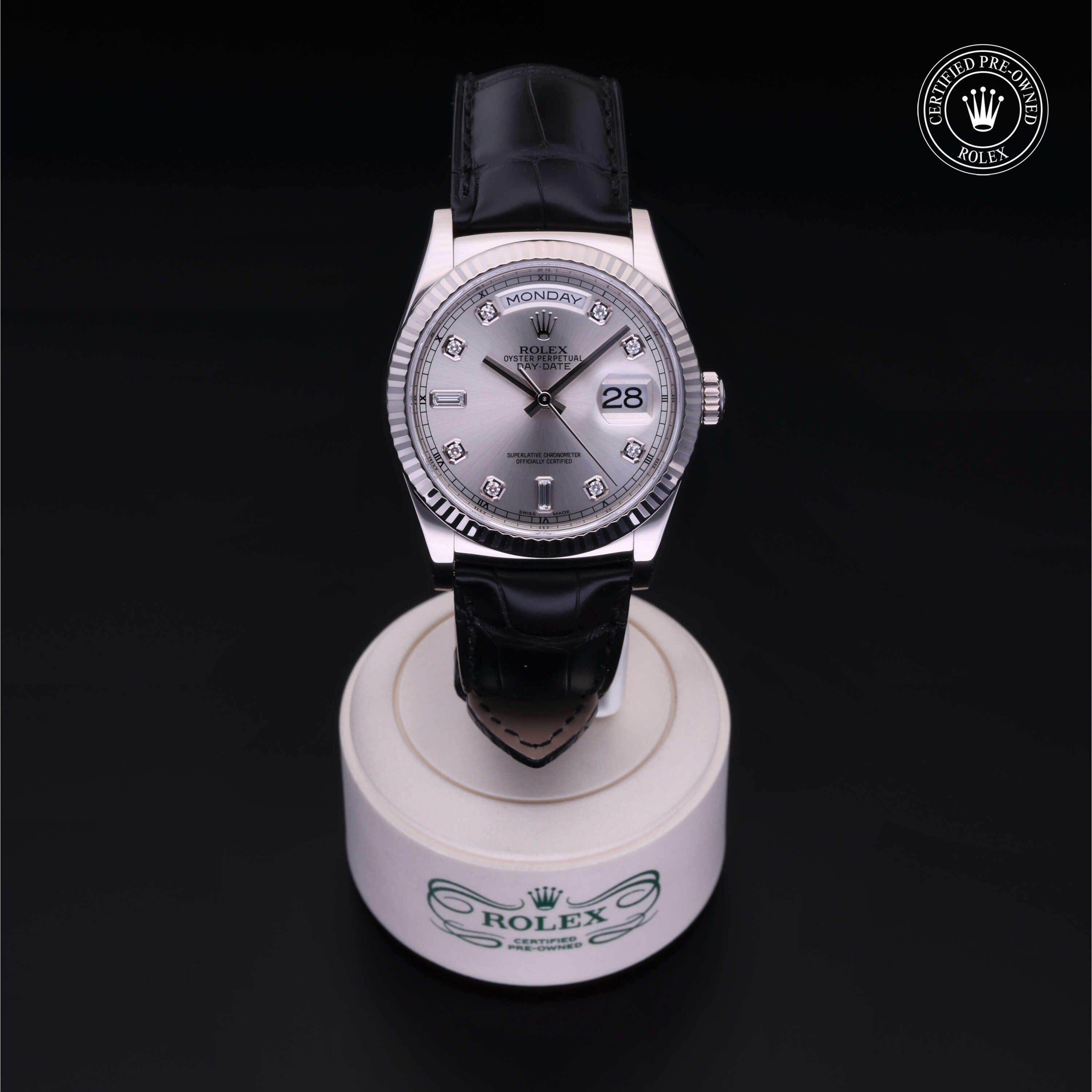 Rolex Certified Pre-owned Day-date M118139-0056 front on black background
