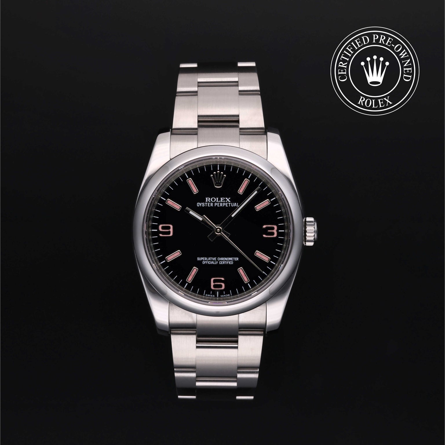Rolex Certified Pre-owned Oyster Perpetual M116000-0006 front on black background