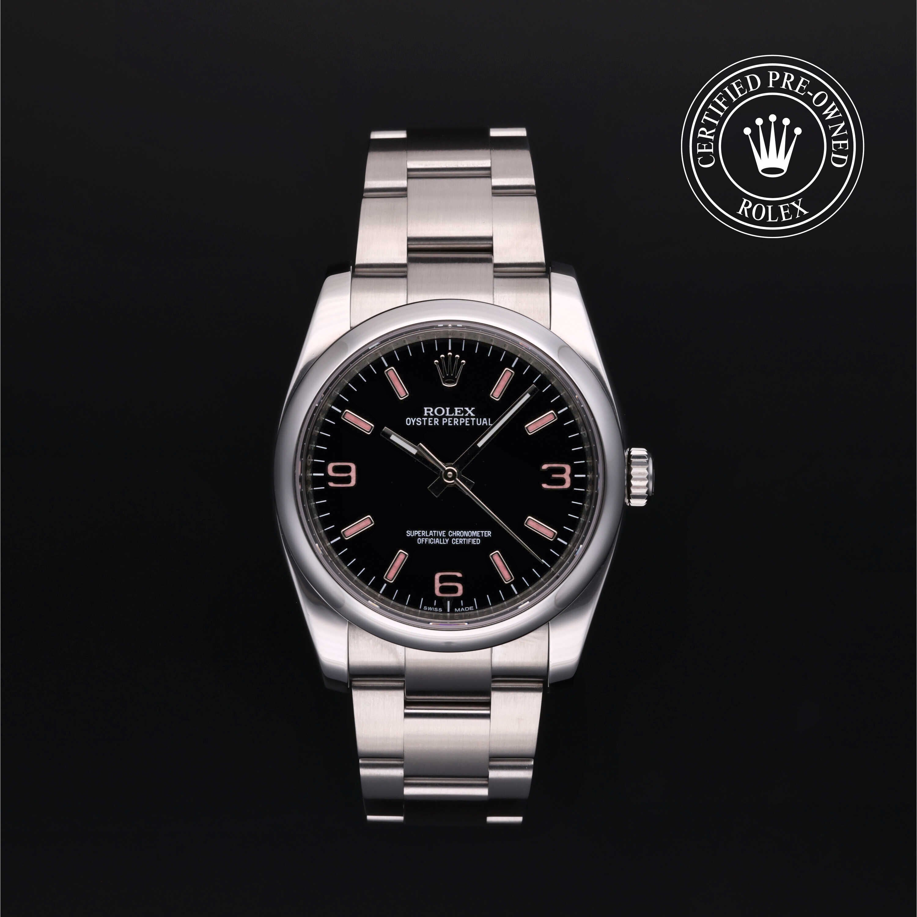 Rolex Certified Pre-owned Oyster Perpetual M116000-0006 front on black background