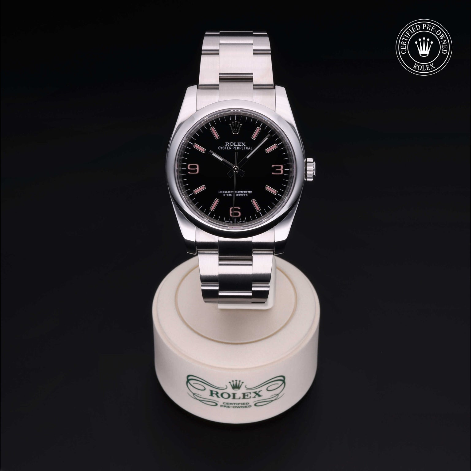 Rolex Certified Pre-owned Oyster Perpetual M116000-0006 front on black background