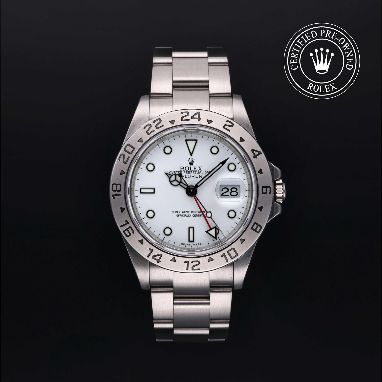 Rolex Certified Pre-owned Explorer M16570-0006 front on black background
