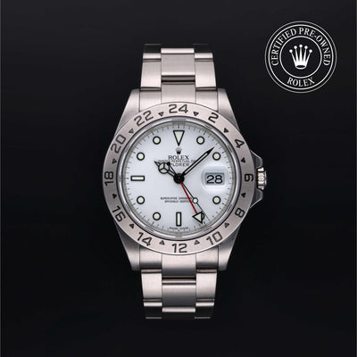 Rolex Certified Pre-owned Explorer M16570-0006 front on black background