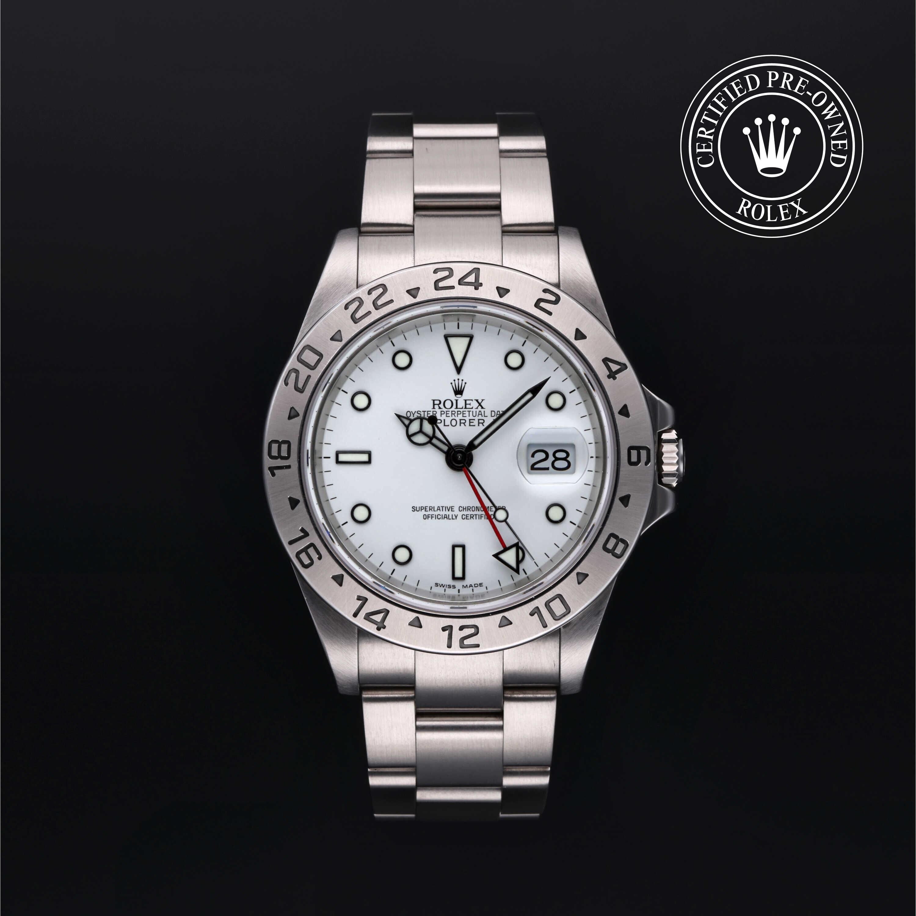 Rolex Certified Pre-owned Explorer M16570-0006 front on black background