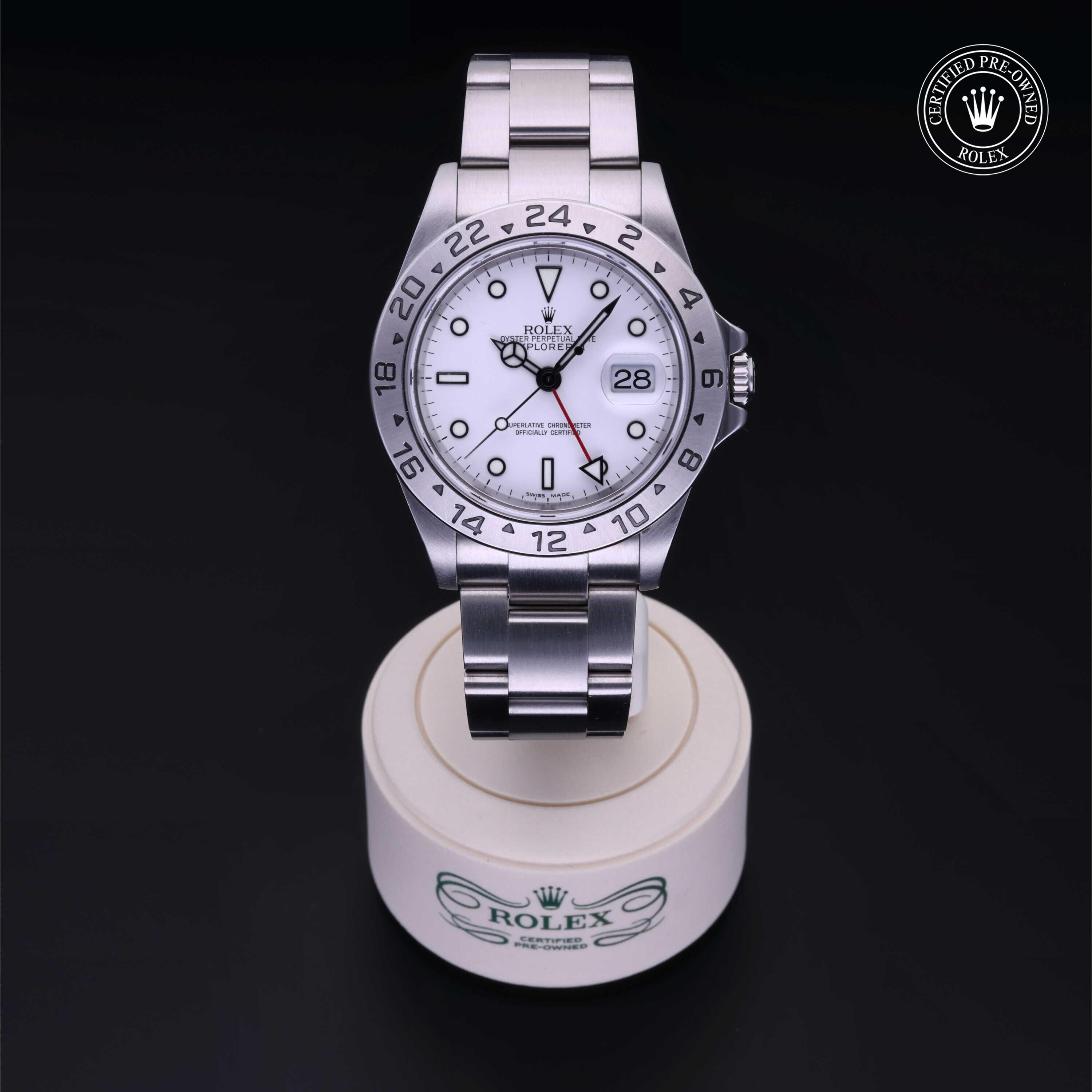 Rolex Certified Pre-owned Explorer M16570-0006 front on black background