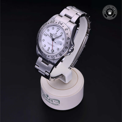 Rolex Certified Pre-owned Explorer M16570-0006 front on black background