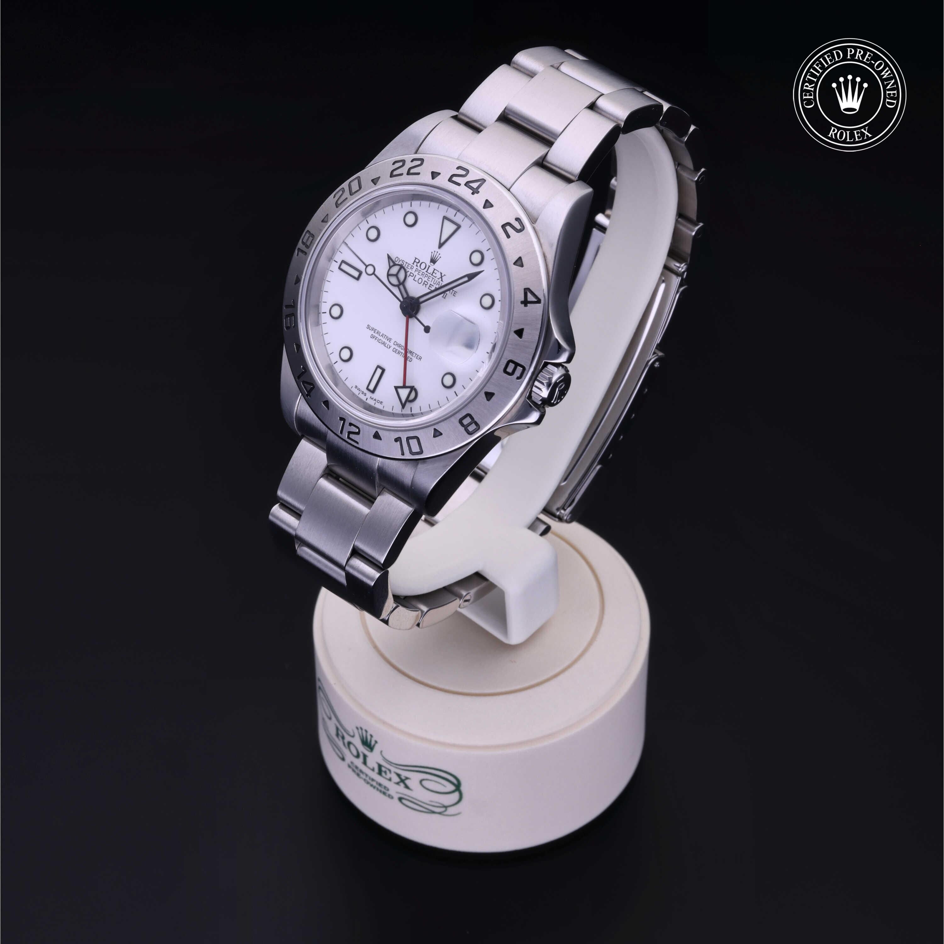 Rolex Certified Pre-owned Explorer M16570-0006 front on black background