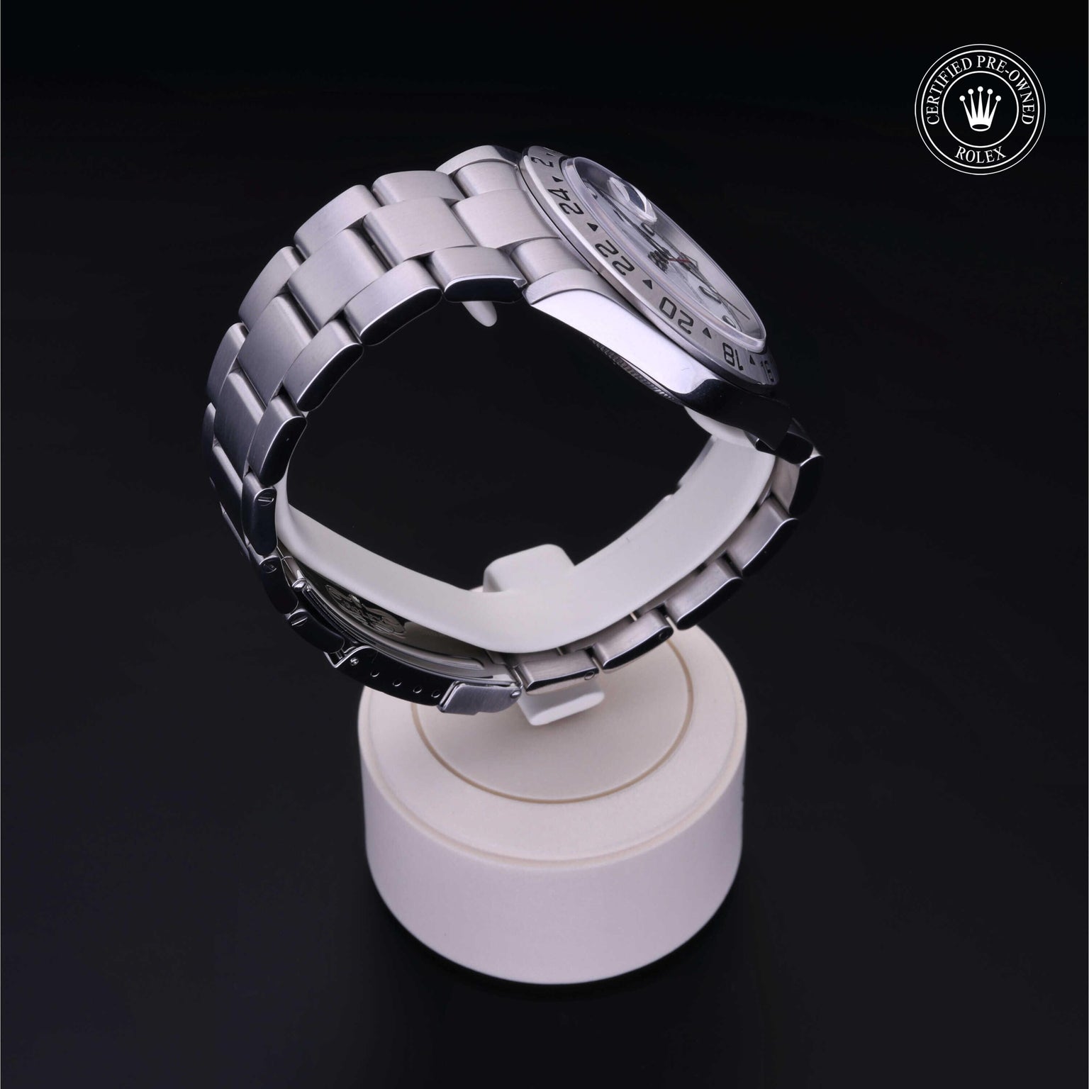 Rolex Certified Pre-owned Explorer M16570-0006 front on black background