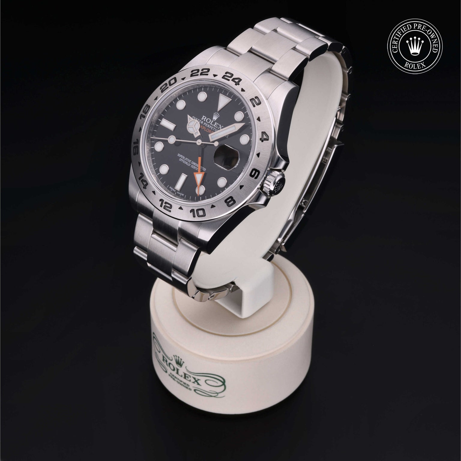 Rolex Certified Pre-owned Explorer M216570-0002 front on black background