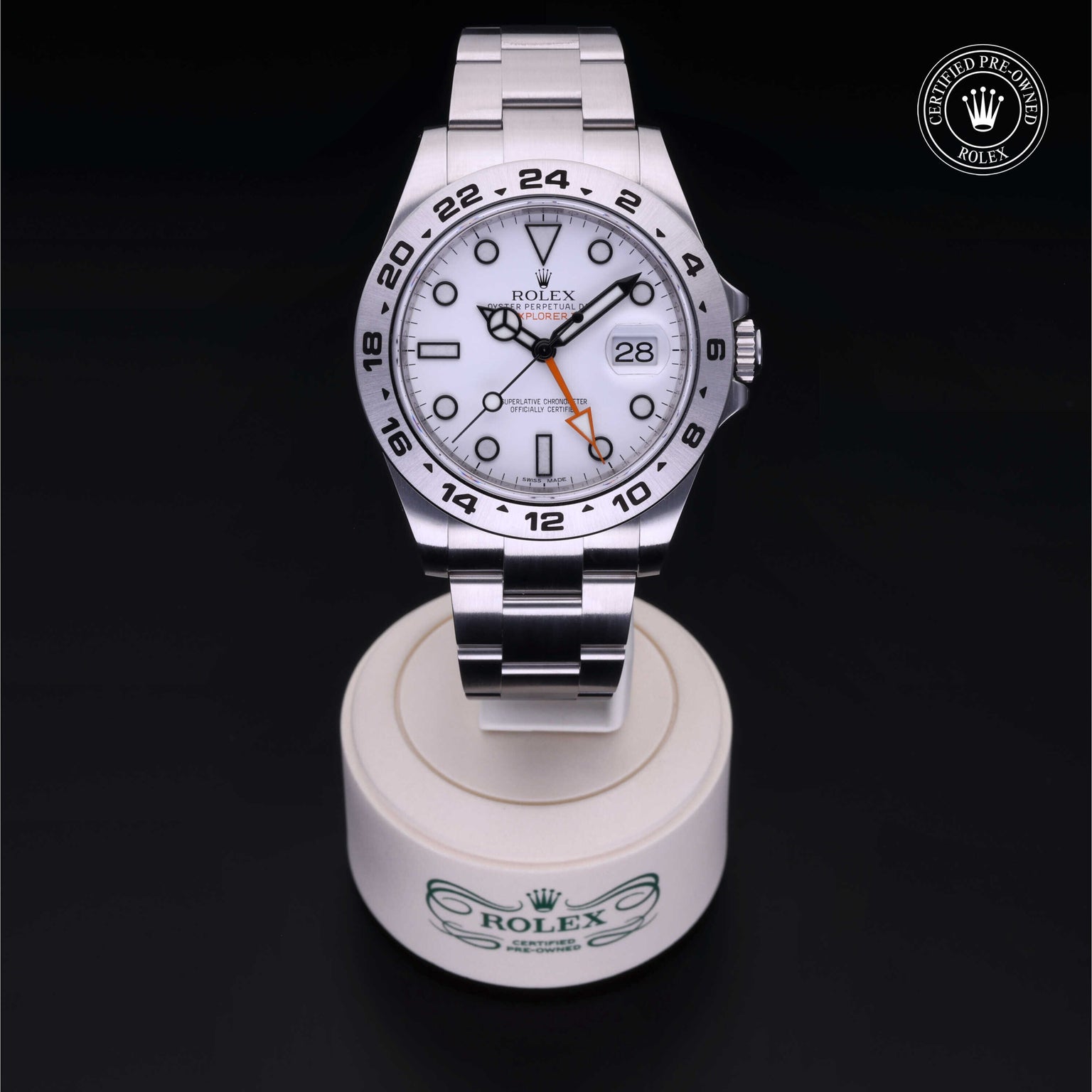 Rolex Certified Pre-owned Explorer M216570-0001 front on black background
