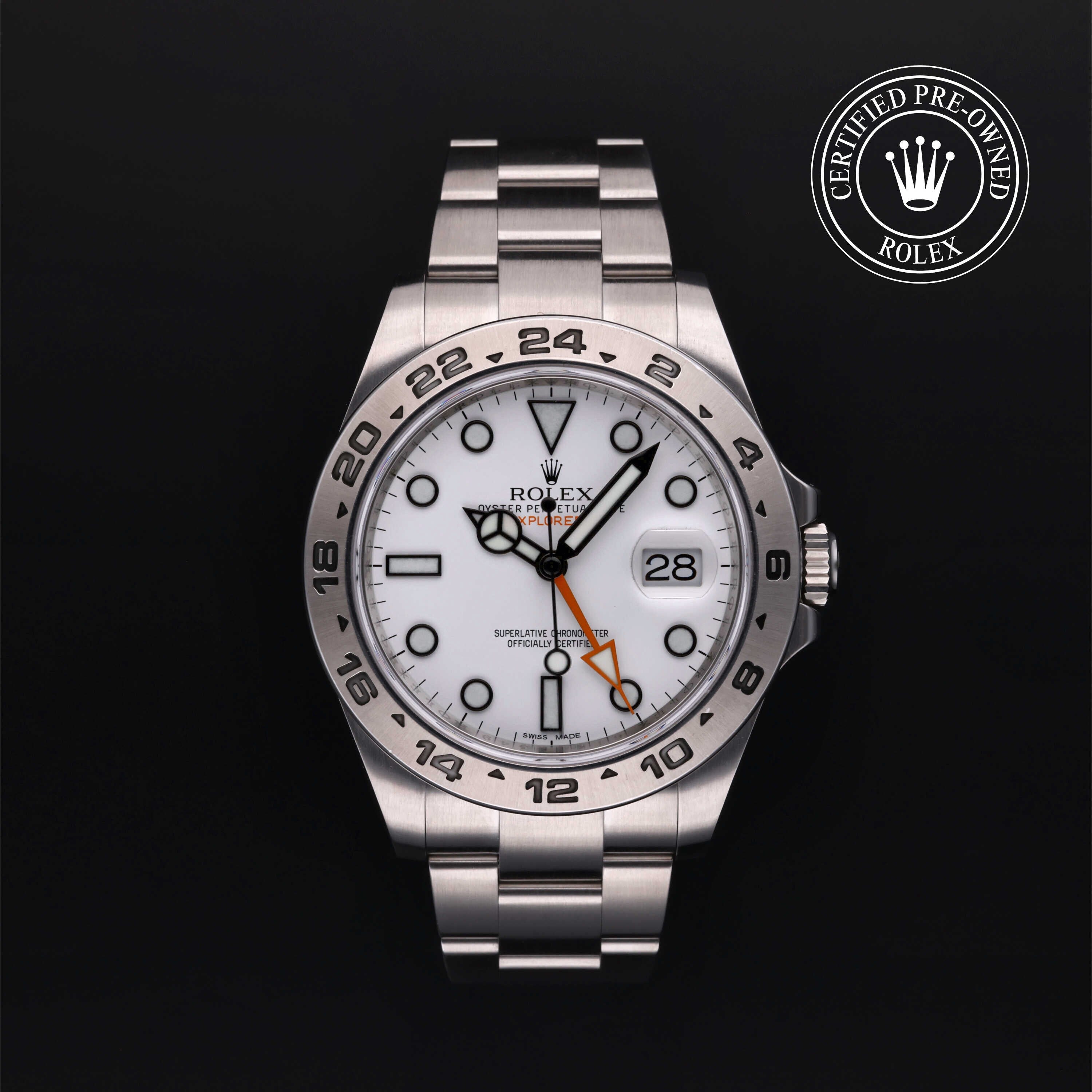 Rolex Certified Pre-owned Explorer M216570-0001 front on black background