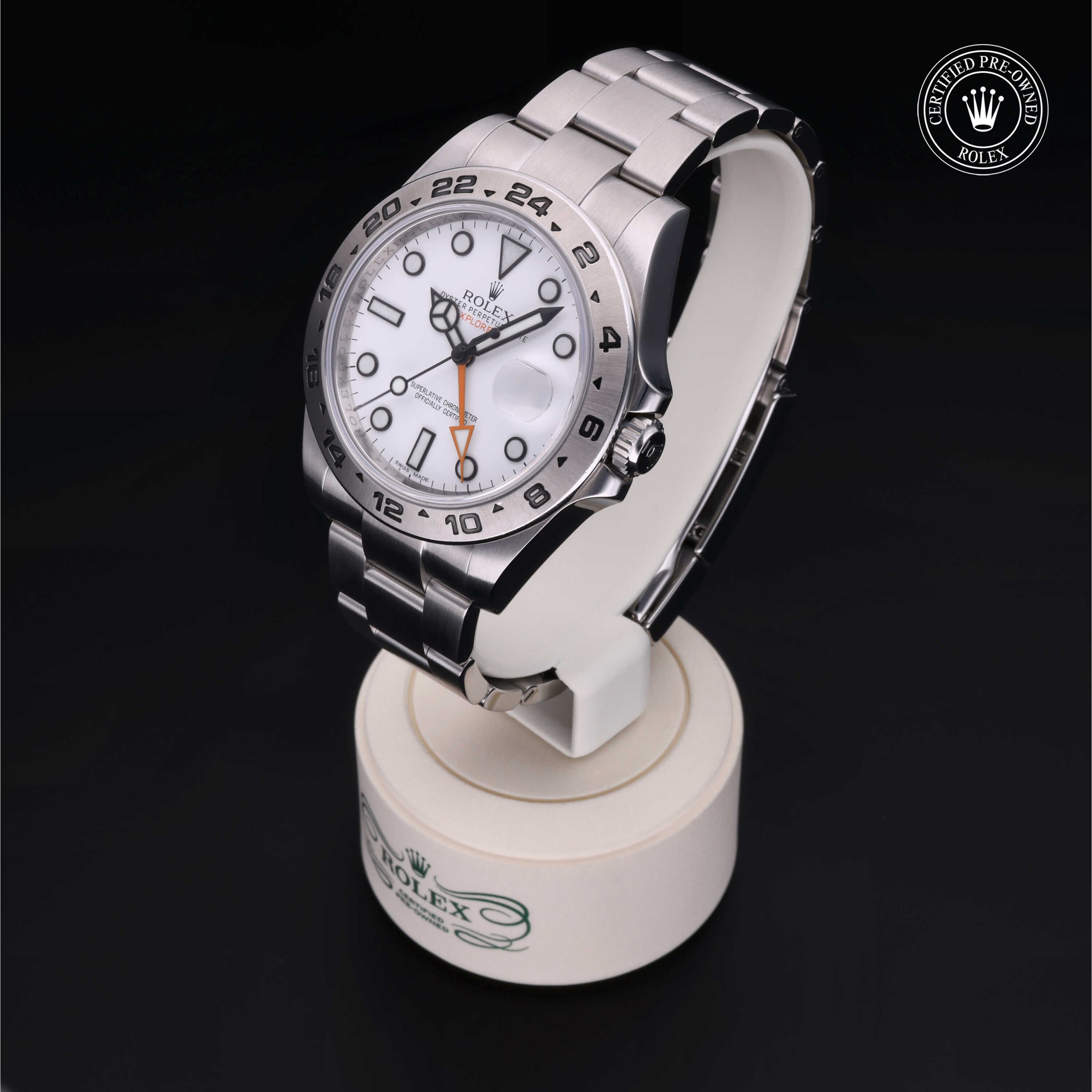 Rolex Certified Pre-owned Explorer M216570-0001 front on black background