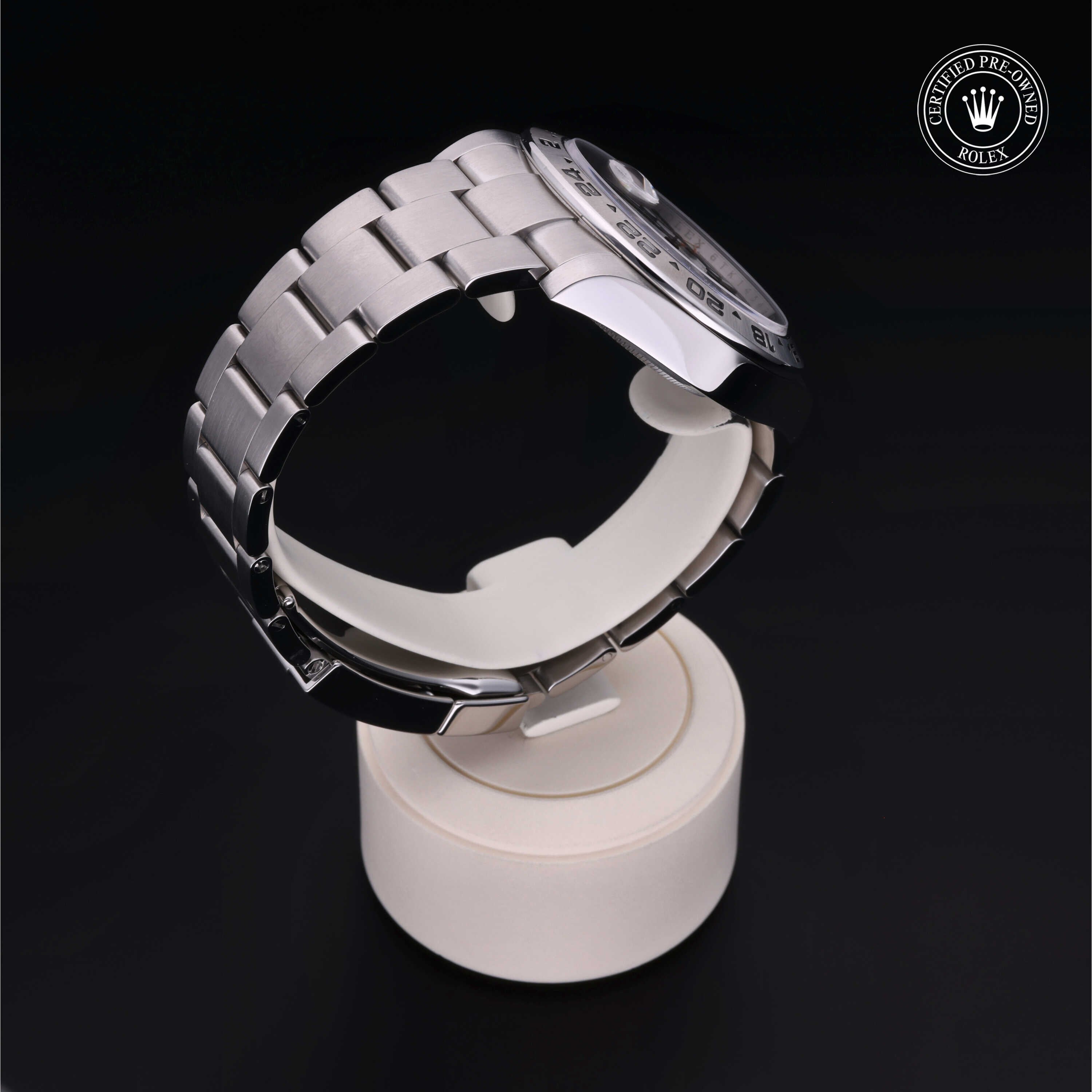 Rolex Certified Pre-owned Explorer M216570-0001 front on black background
