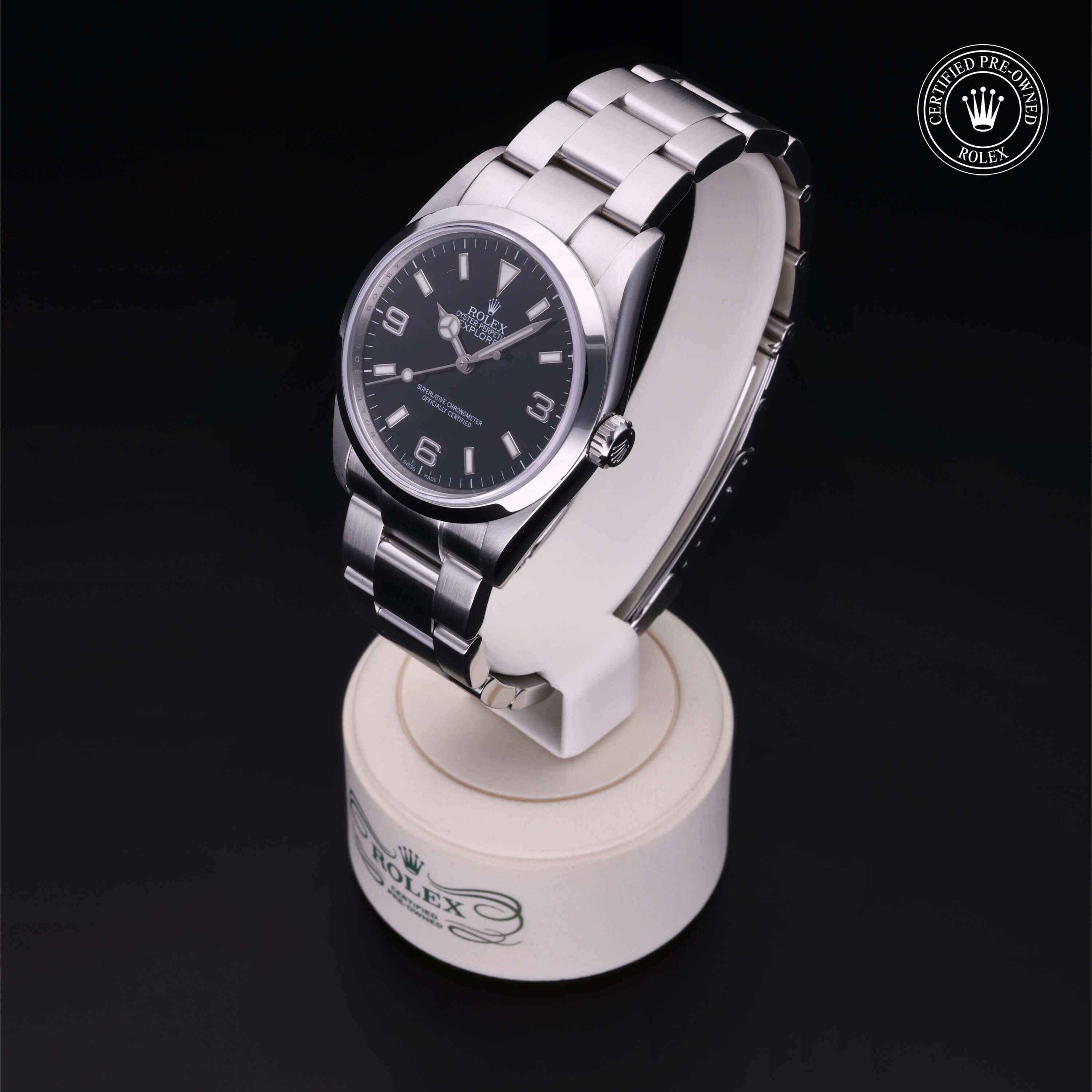 Rolex Certified Pre-owned Explorer M114270-0002 front on black background