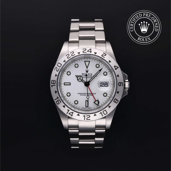 Rolex Certified Pre-owned Explorer M16570-0006 front on black background
