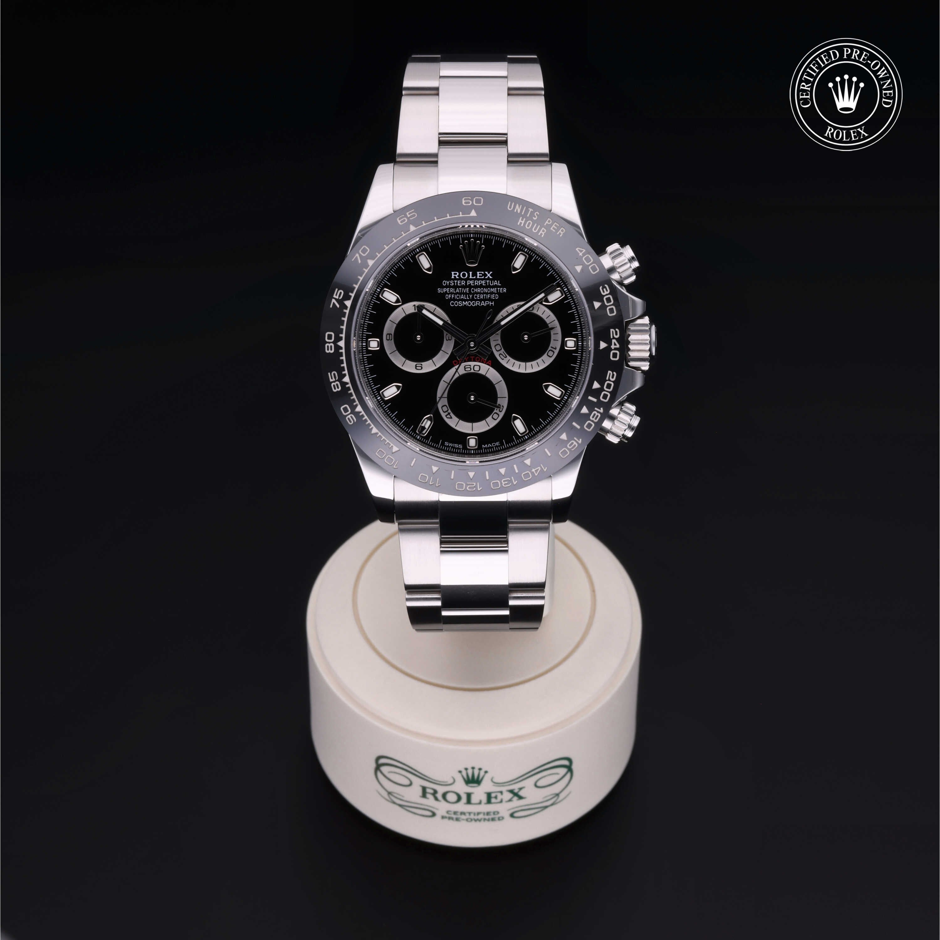 Rolex Certified Pre-owned Daytona M116500LN-0002 front on black background