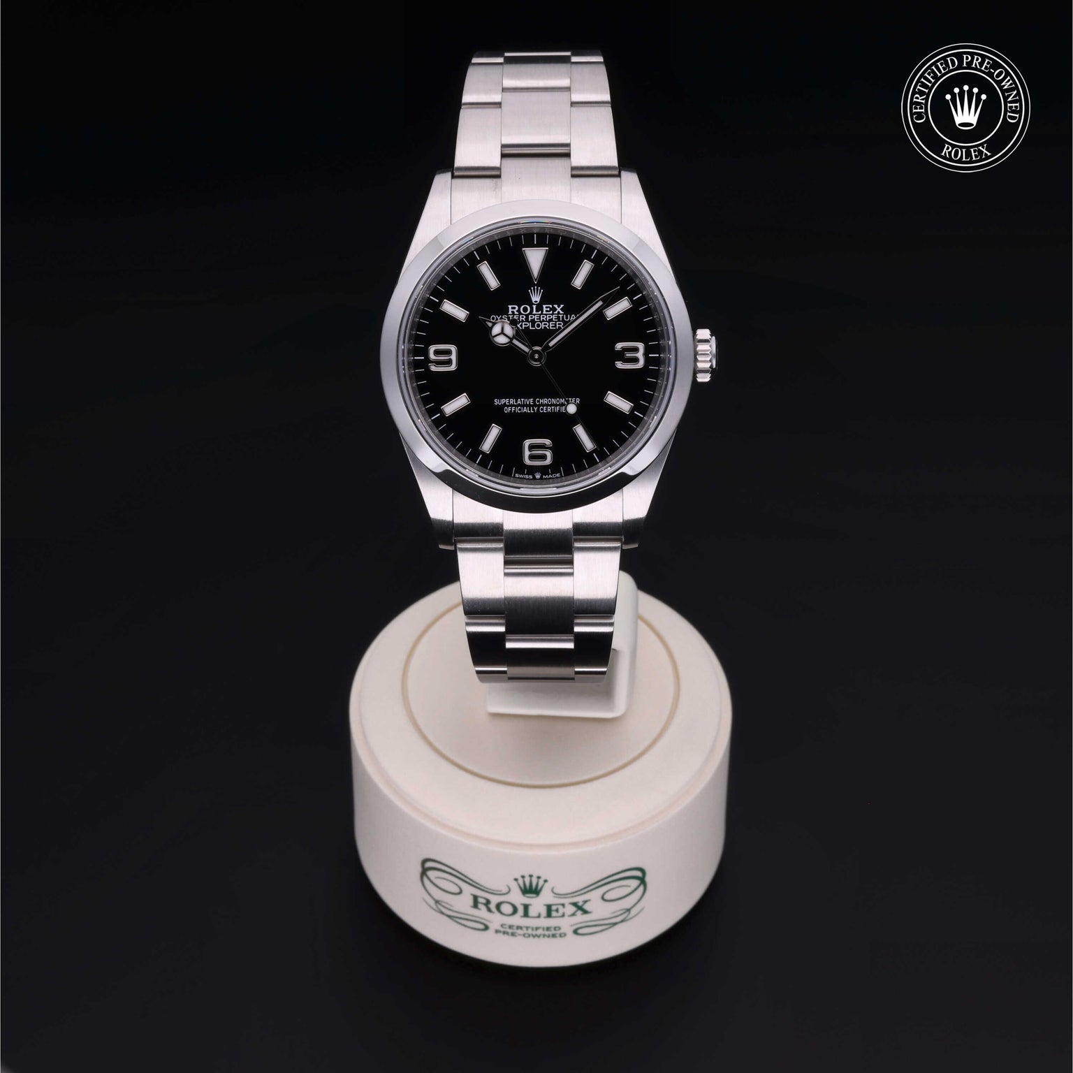 Rolex Certified Pre-owned Explorer M124270-0001 front on black background