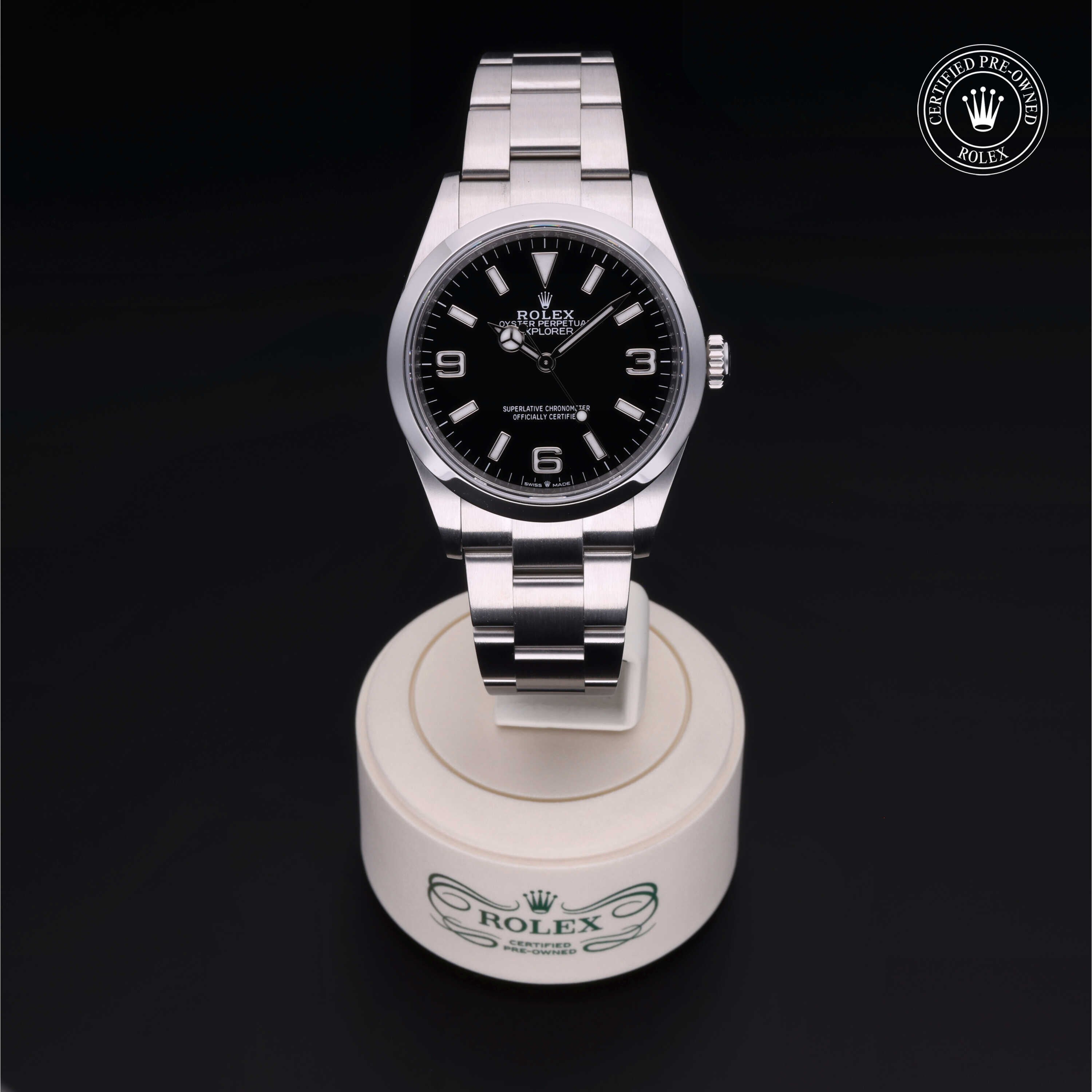 Rolex Certified Pre-owned Explorer M124270-0001 front on black background