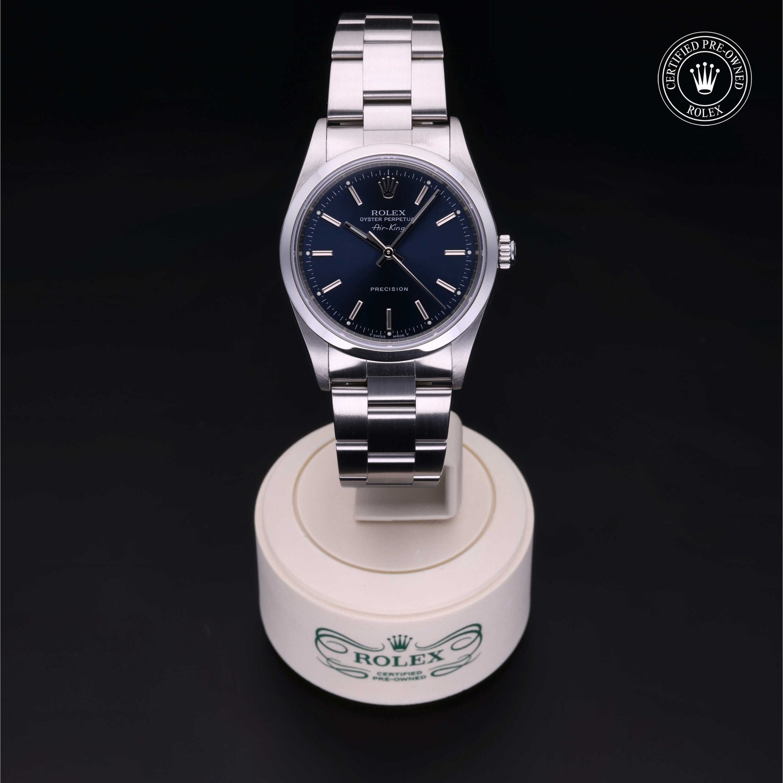 Rolex Certified Pre-owned Air-King M14000-0004 front on black background