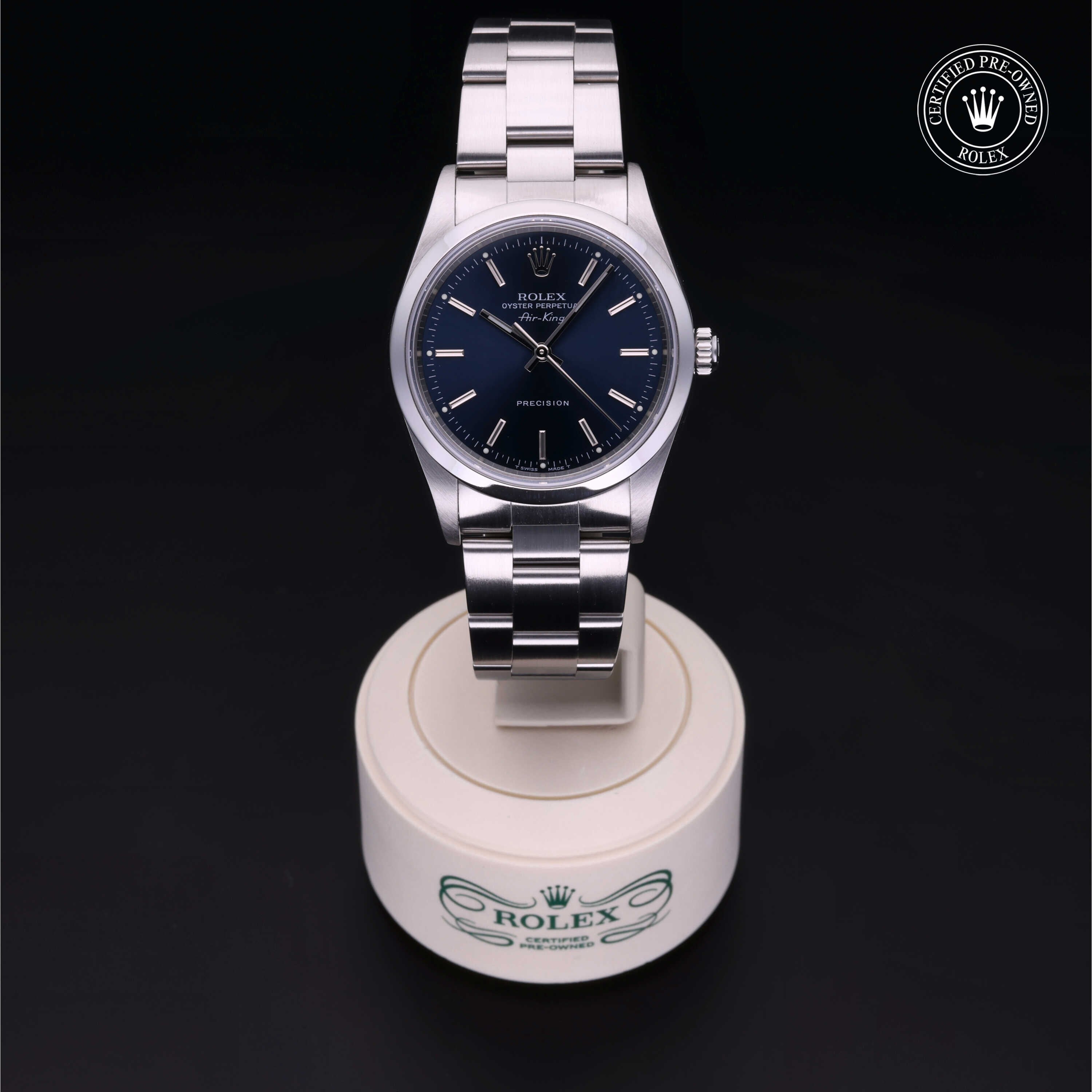 Rolex Certified Pre-owned Air-King M14000-0004 front on black background
