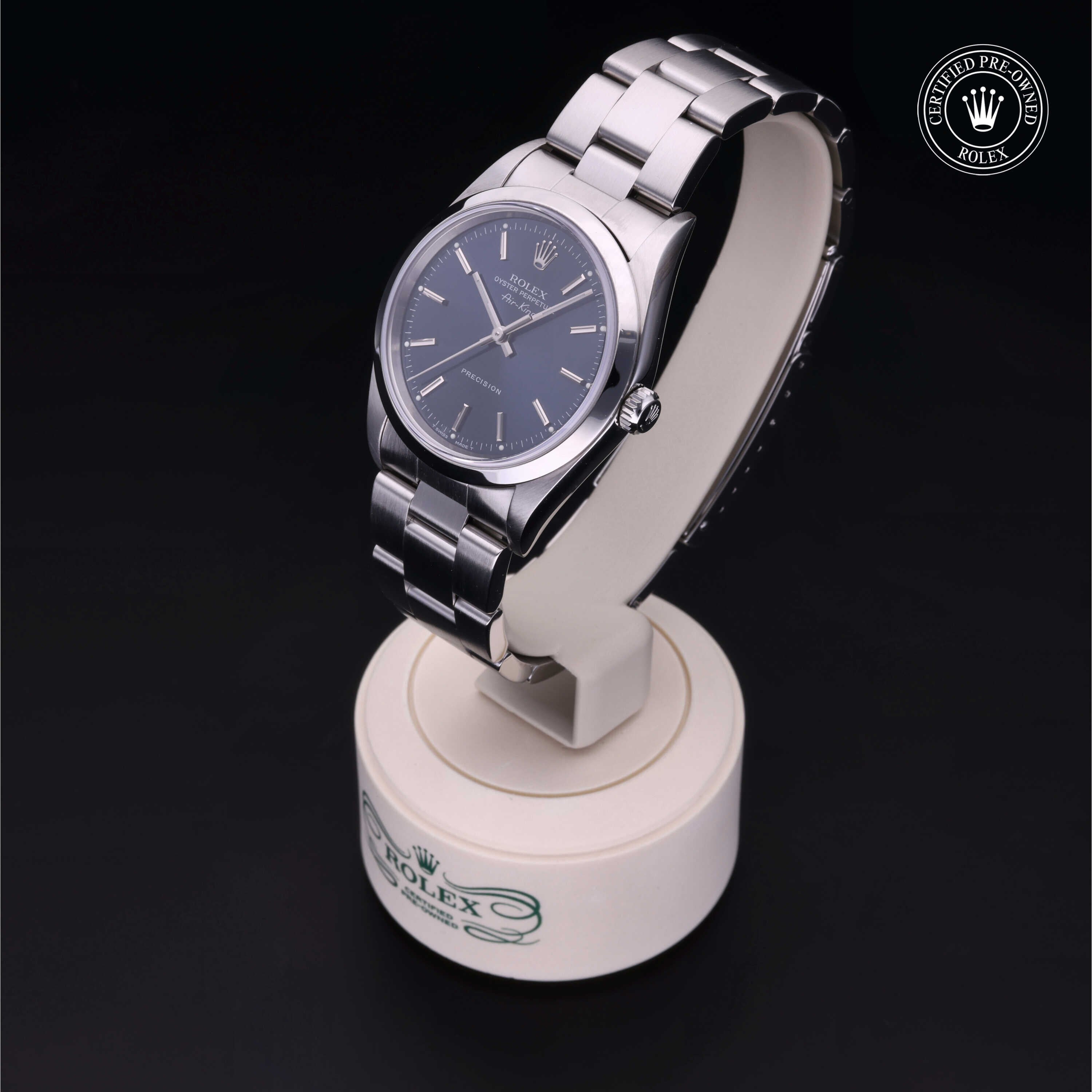 Rolex Certified Pre-owned Air-King M14000-0004 front on black background