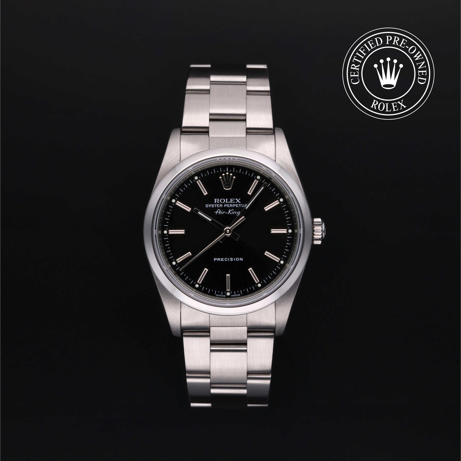 Rolex Certified Pre-owned Air-King M14000M-0009 front on black background