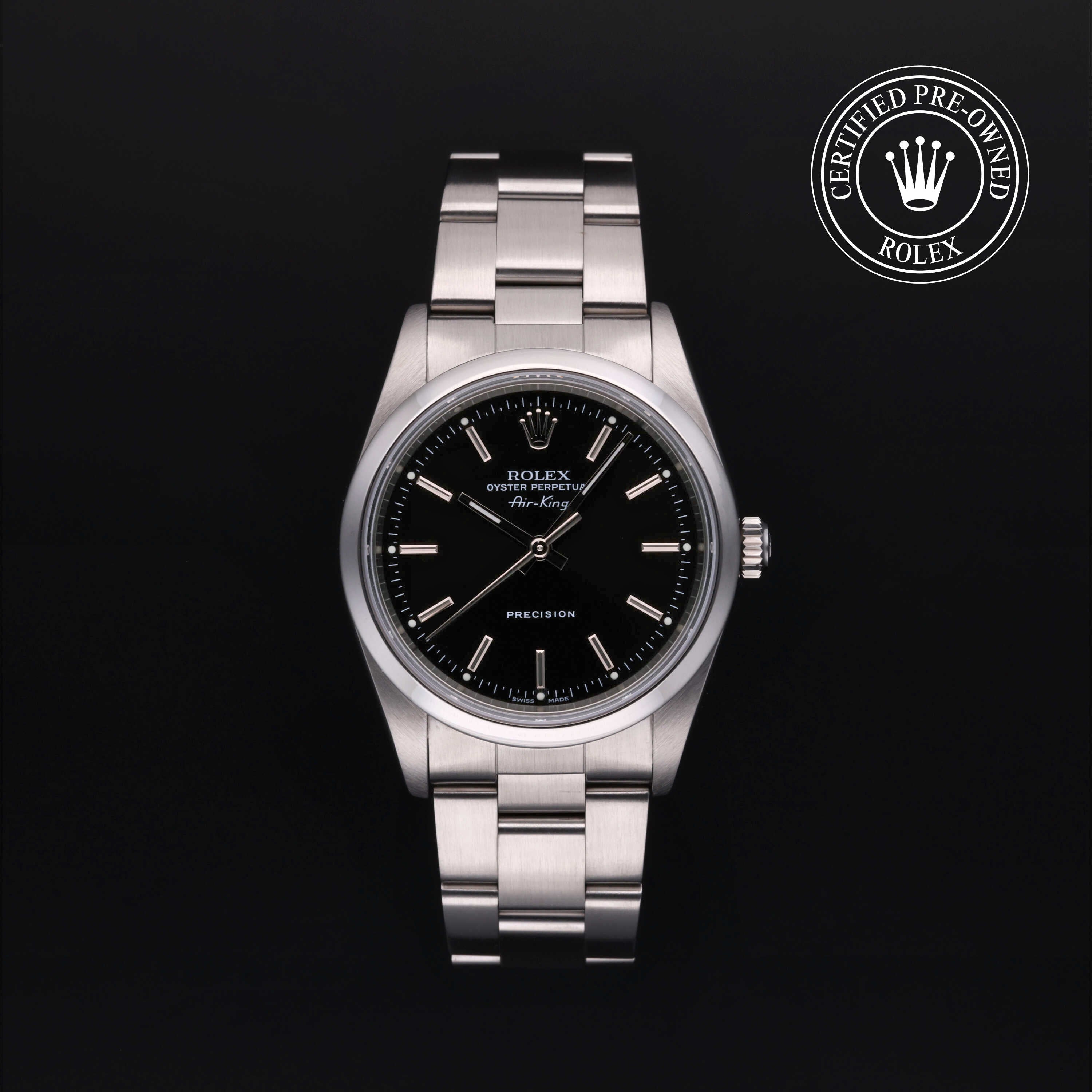 Rolex Certified Pre-owned Air-King M14000M-0009 front on black background