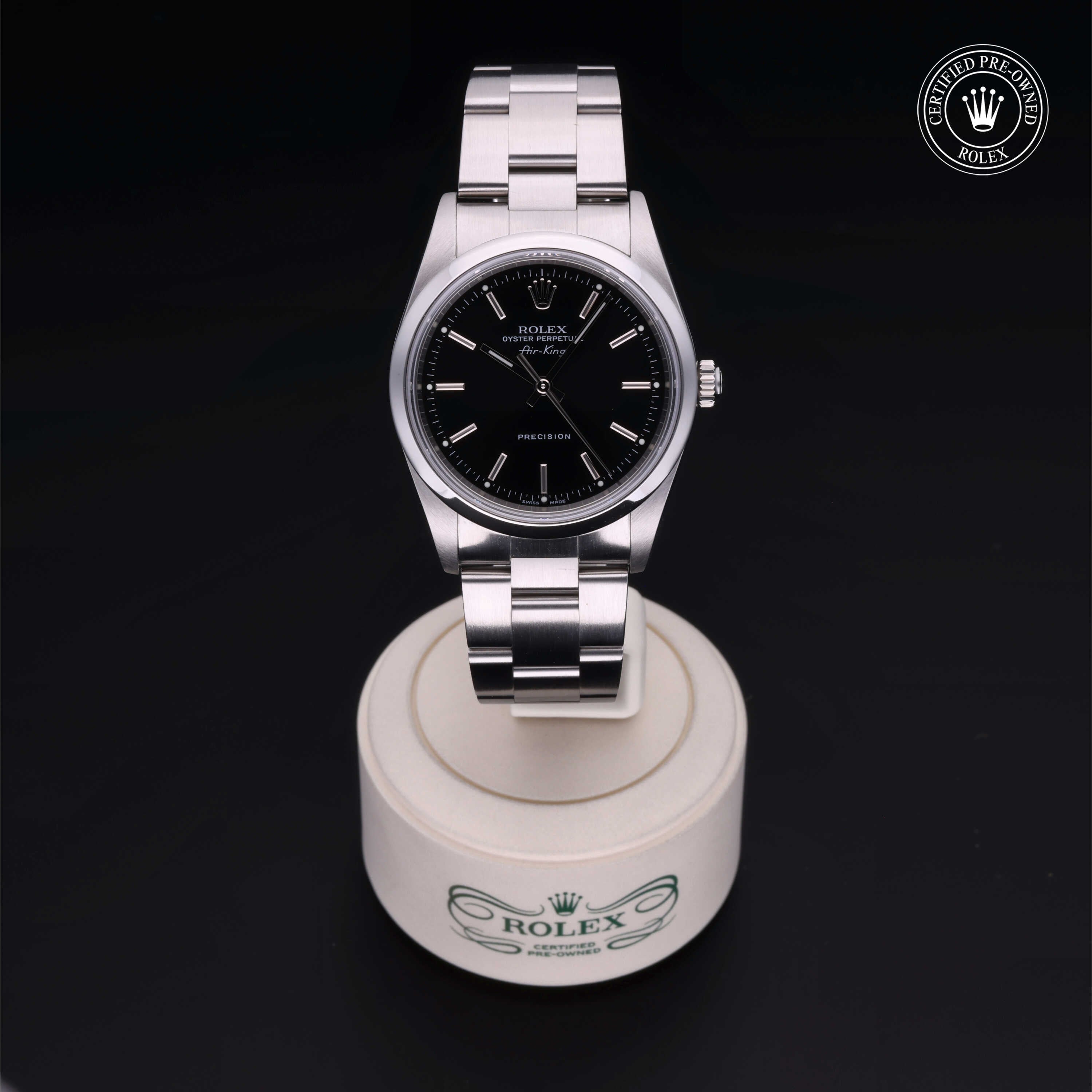 Rolex Certified Pre-owned Air-King M14000M-0009 front on black background