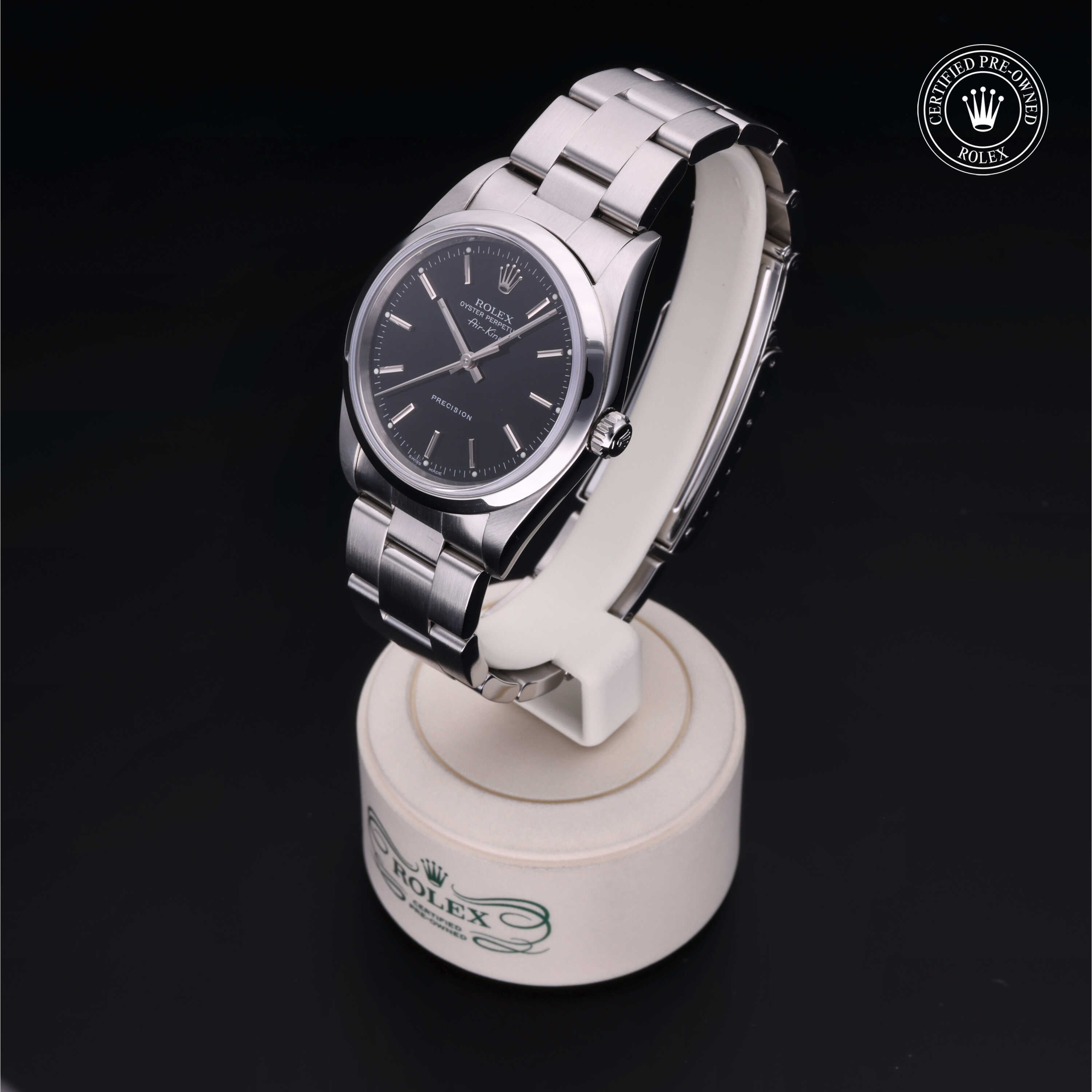 Rolex Certified Pre-owned Air-King M14000M-0009 front on black background