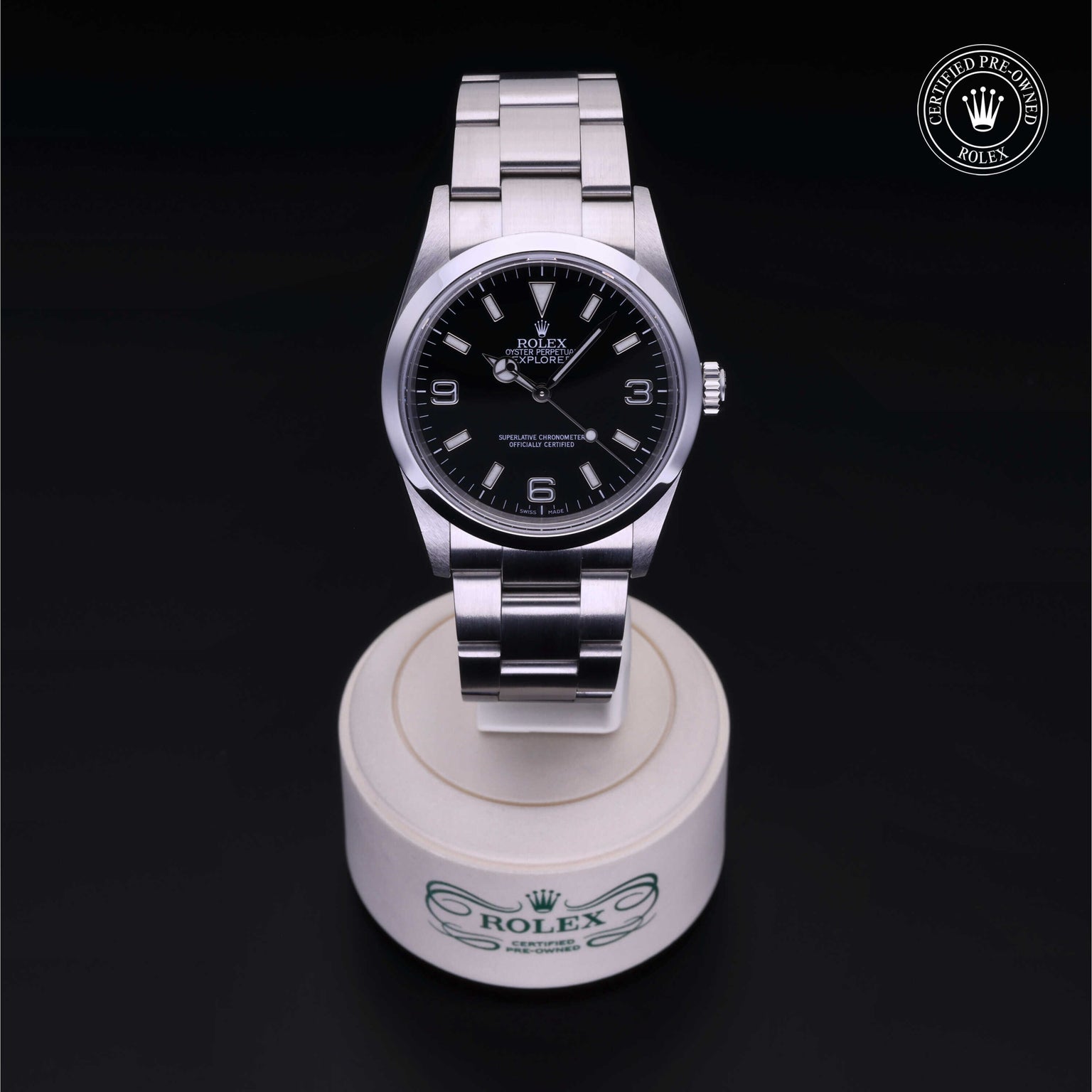 Rolex Certified Pre-owned Explorer M114270-0002 front on black background