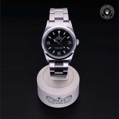 Rolex Certified Pre-owned Explorer M114270-0002 front on black background