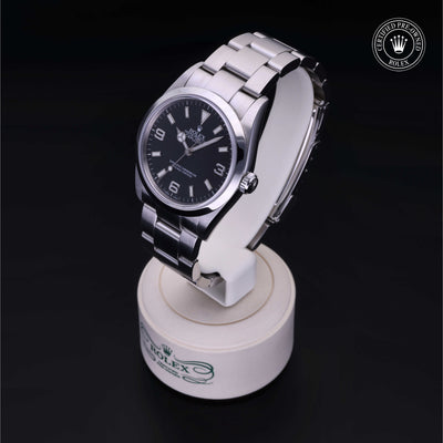 Rolex Certified Pre-owned Explorer M114270-0002 front on black background