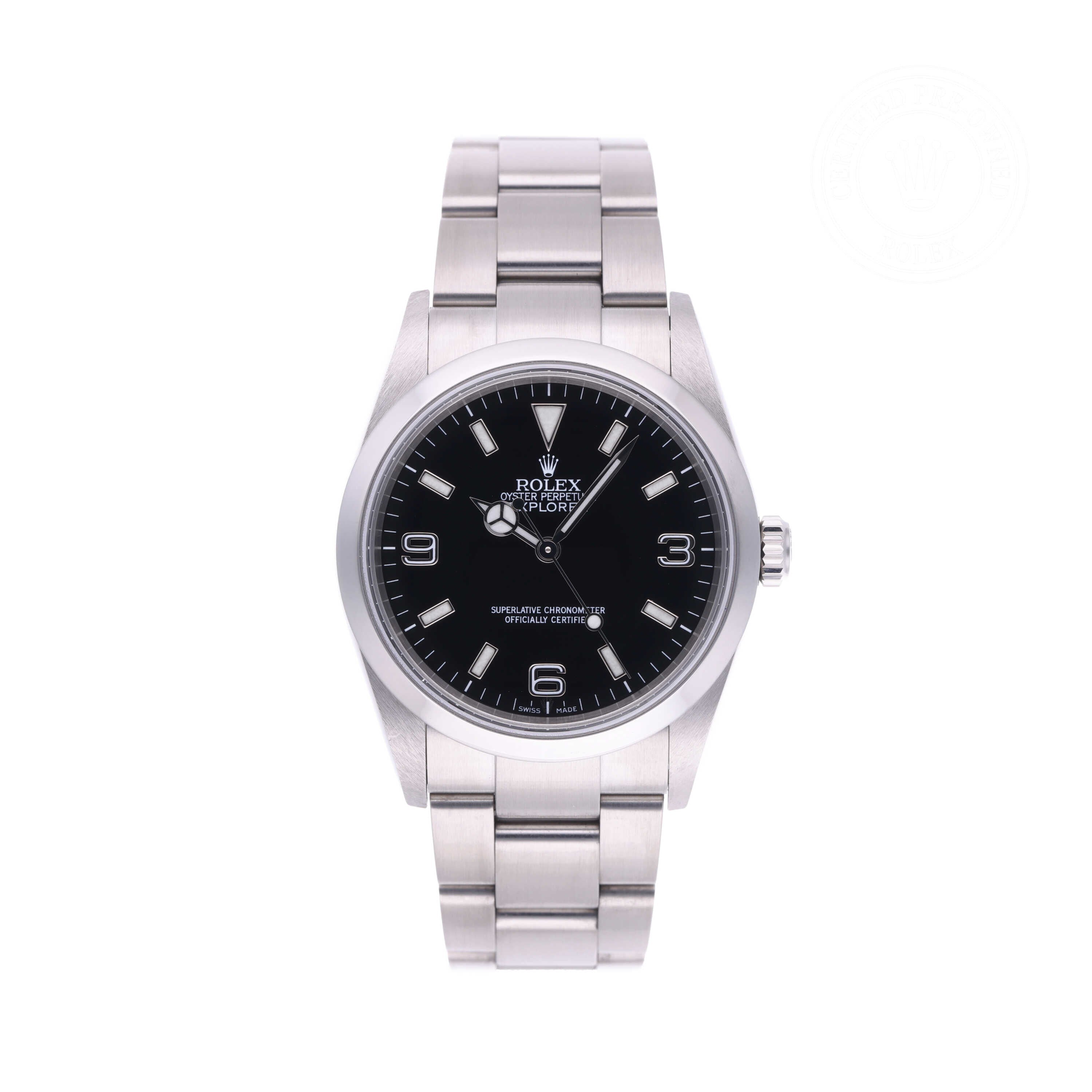 Rolex Certified Pre-owned Explorer M114270-0002 front on white background