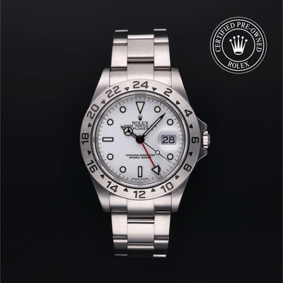 Rolex Certified Pre-owned Explorer M16570-0006 front on black background