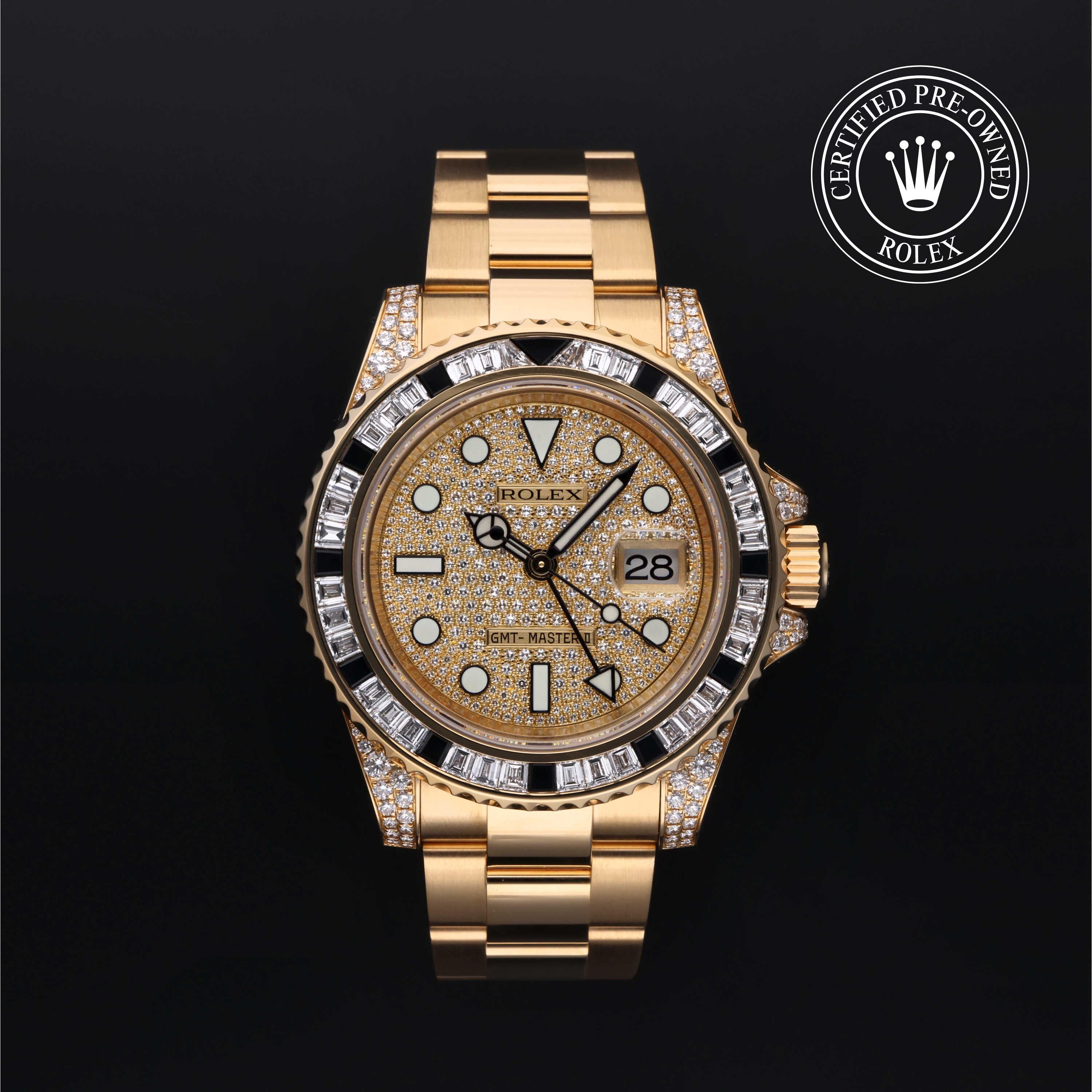 Rolex Certified Pre-owned GMT M116758SANR-0004 front on black background