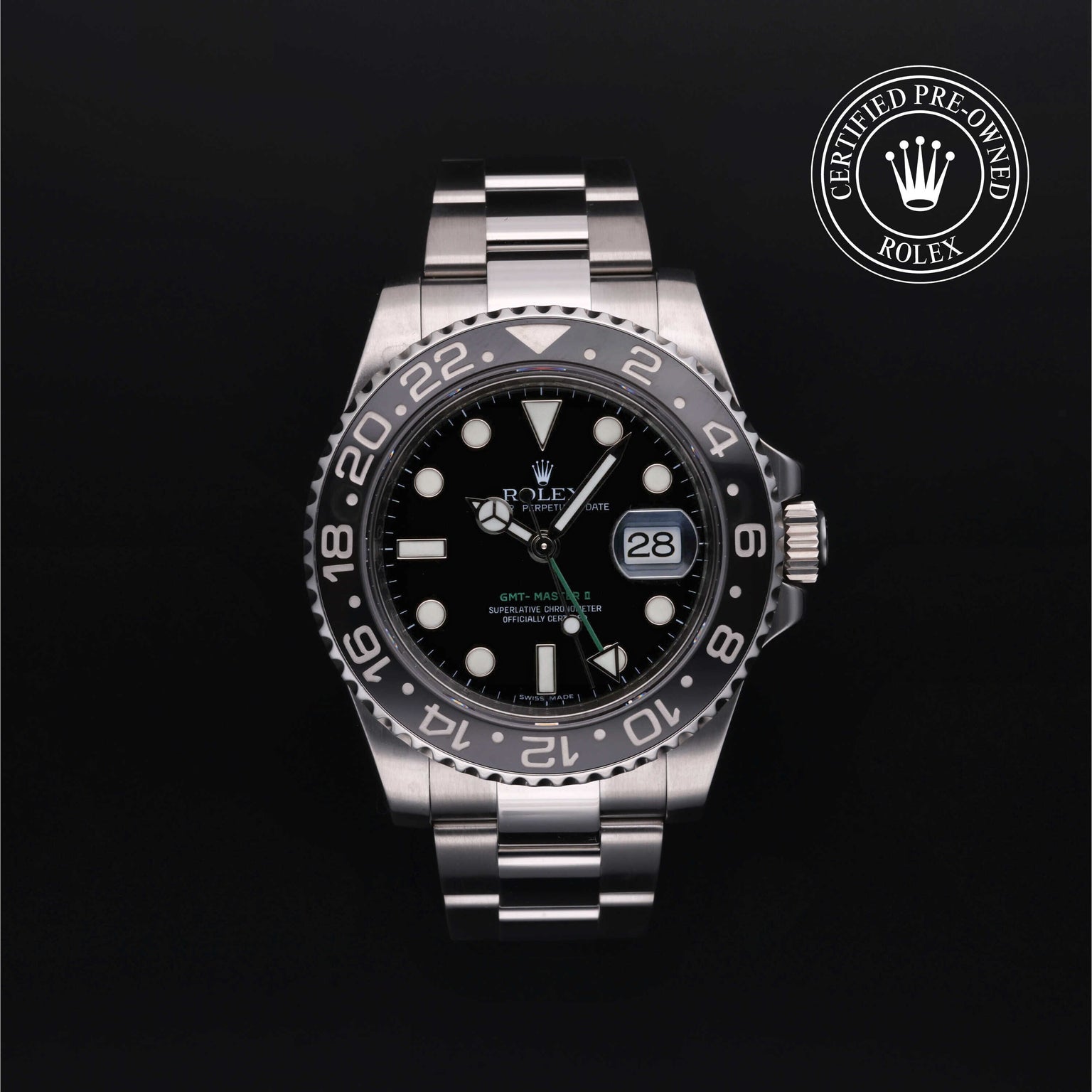 Rolex Certified Pre-owned GMT M116710LN-0001 front on black background