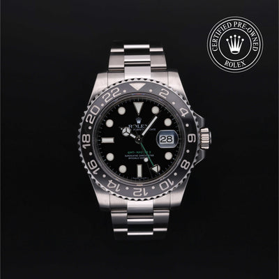 Rolex Certified Pre-owned GMT M116710LN-0001 front on black background