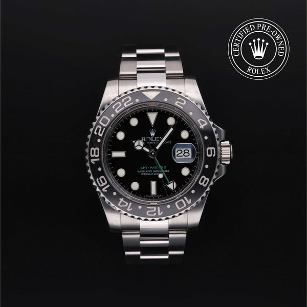 Rolex Certified Pre-owned GMT M116710LN-0001 front on black background