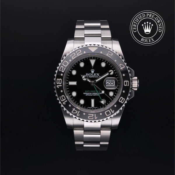 Rolex Certified Pre-owned GMT II M116710LN-0001 front on black background