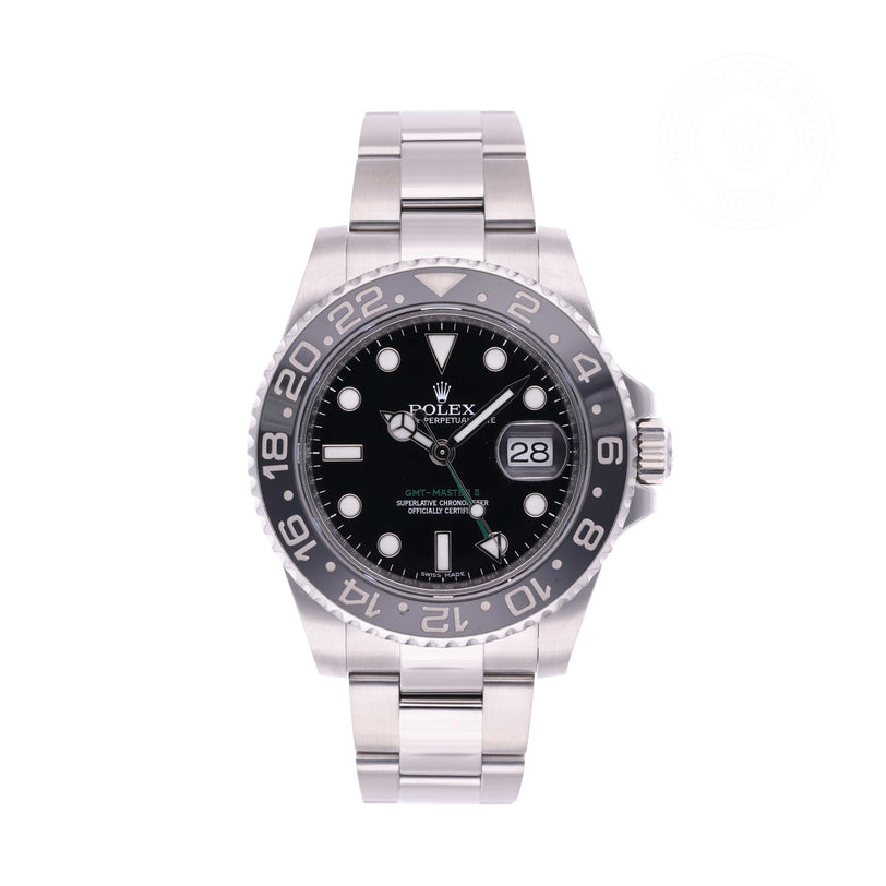 Rolex Certified Pre-owned GMT II M116710LN-0001 front on white background