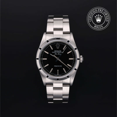 Rolex Certified Pre-owned Air-King M14010M-0012 front on black background