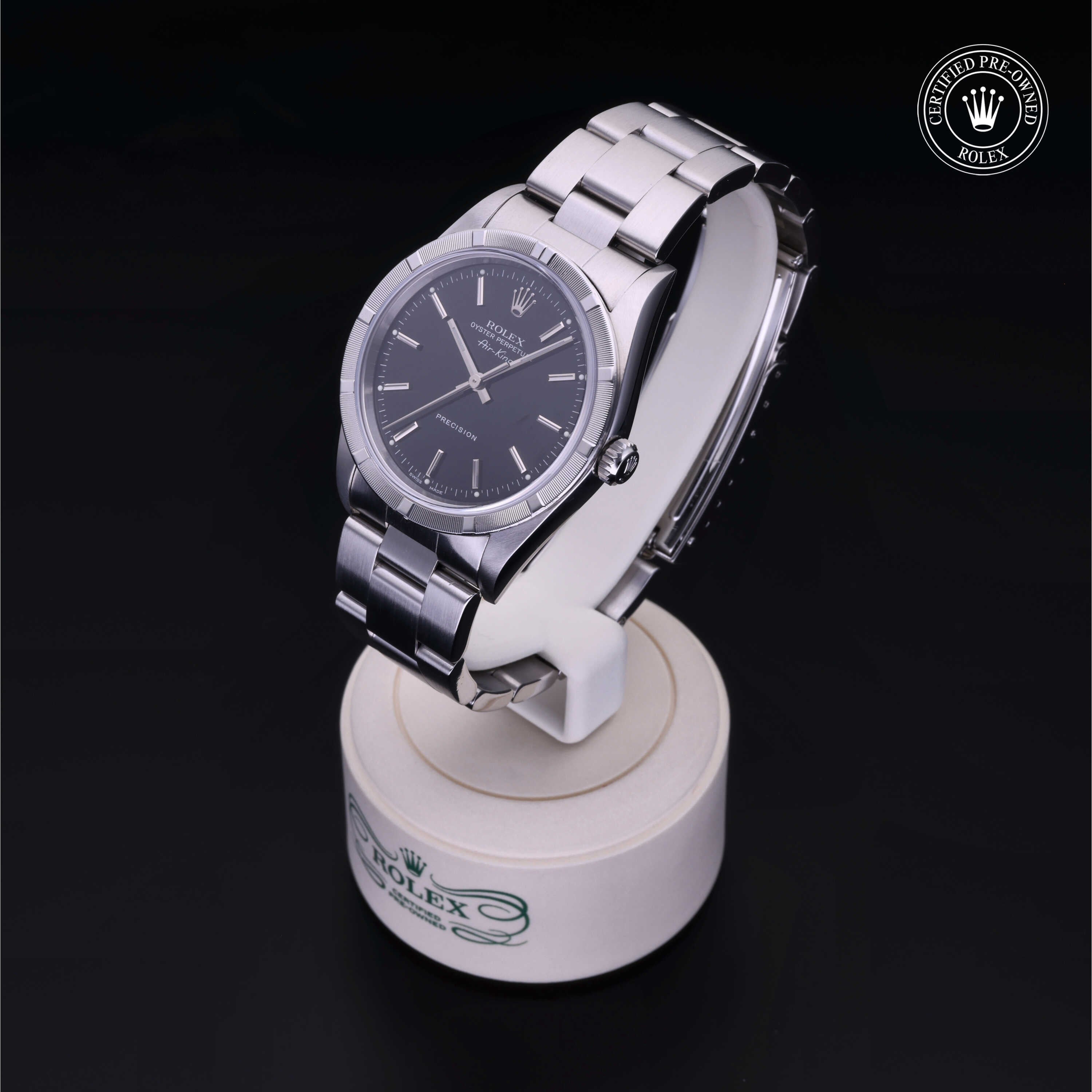 Rolex Certified Pre-owned Air-King M14010M-0012 front on black background